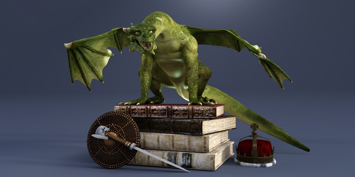 Green dragon on books with crown and sword