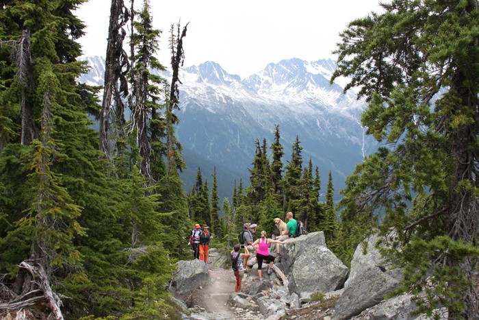 Hikers and dog on a mountain trail in Canada