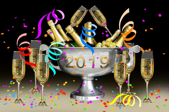 Champagne bottles and glasses for 2019 celebration