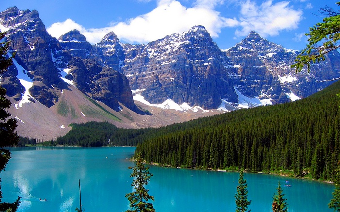 Turquoise lake and snow-capped mountains with pine forest