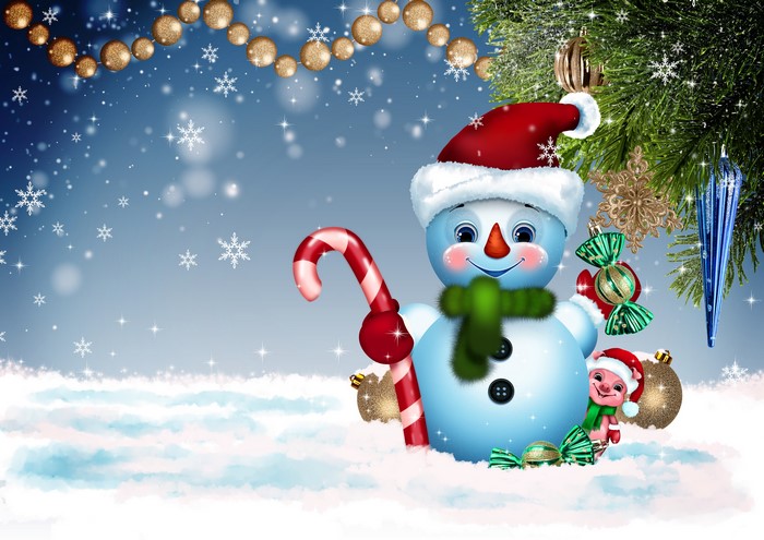 Christmas Snowman with Candy Cane and Piglet