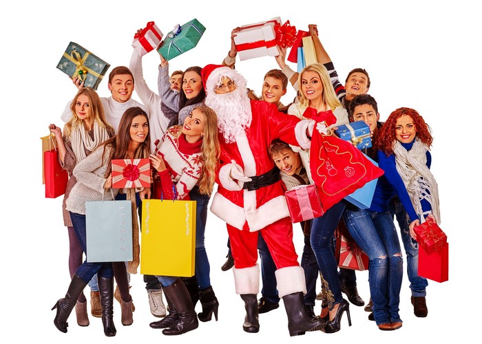Santa Claus and people with Christmas gifts