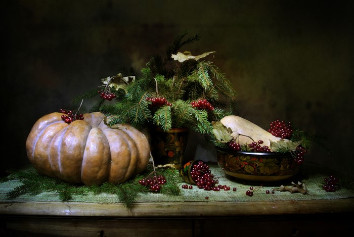 Still-life with pumpkin, sorbus, and branches
