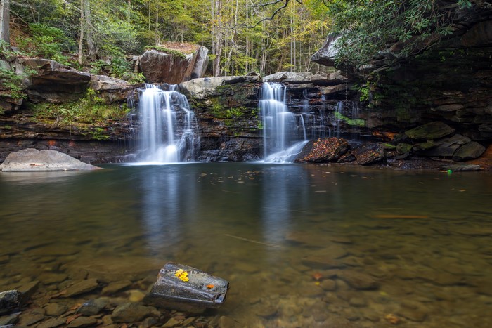 Waterfalls cascading over rocks in autumn forest