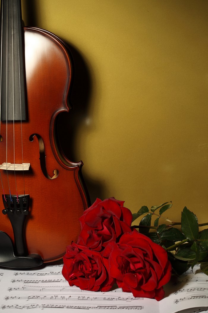 Violin with Red Roses on Sheet Music