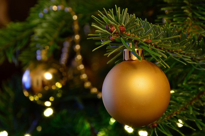 Golden Christmas Ornaments on a Tree