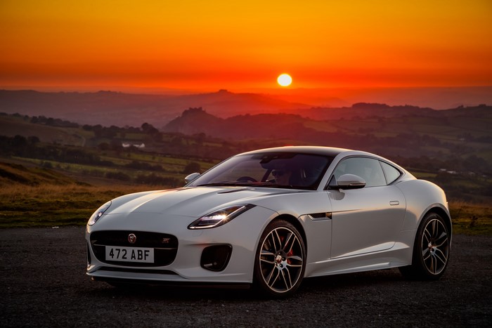 White Jaguar F-Type Chequered Flag at Sunset