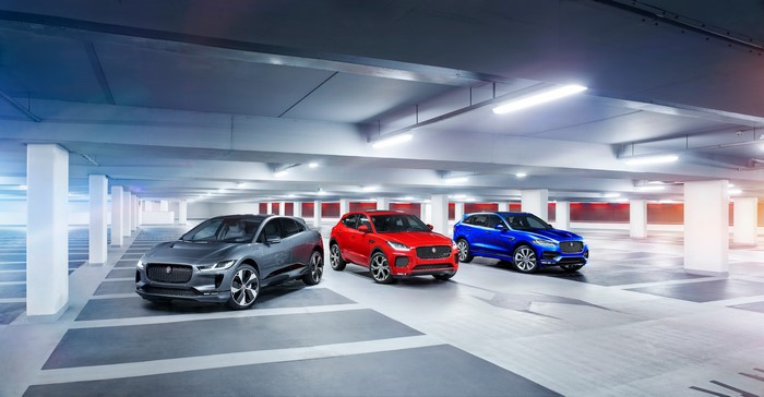 Jaguar F-Pace, E-Pace, and I-Pace in parking garage