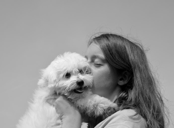 Girl kissing a white dog