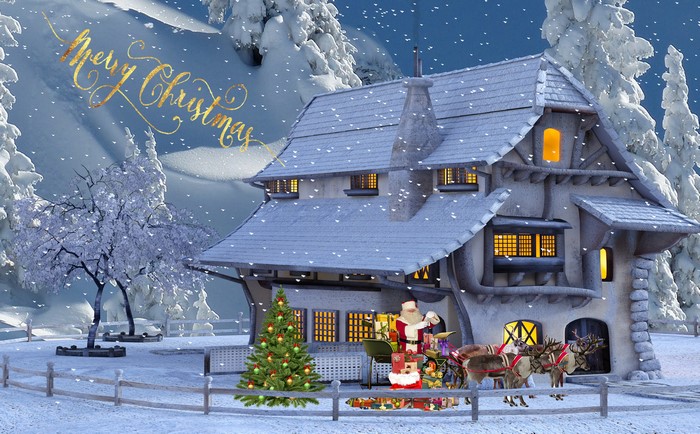 Santa Claus with Sleigh and Reindeer in Snowy Village