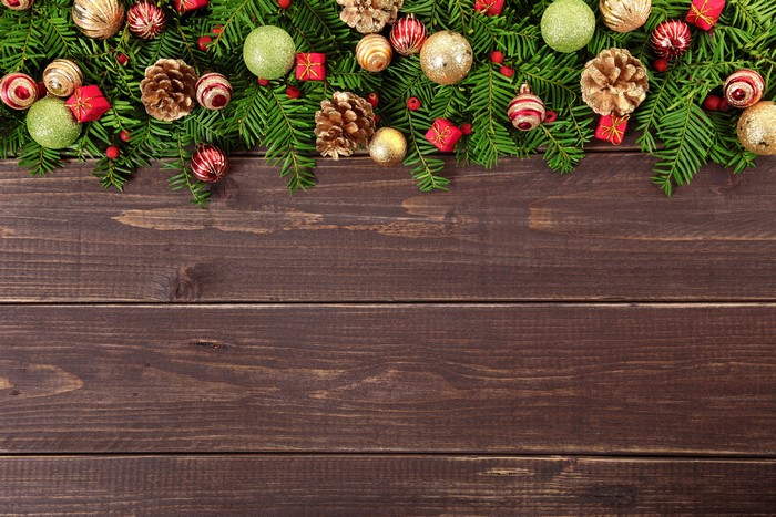 Christmas decorations on wood planks