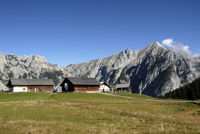 Houses in Gnadenwald, Tyrol, Austria with Mountains