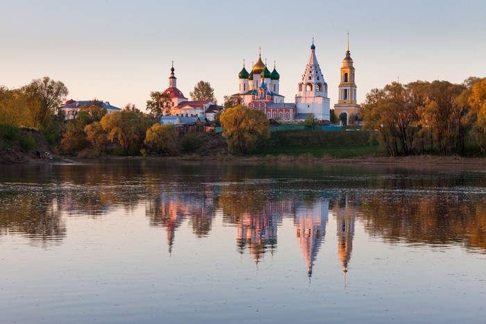 Kolomna churches reflected in river at sunrise