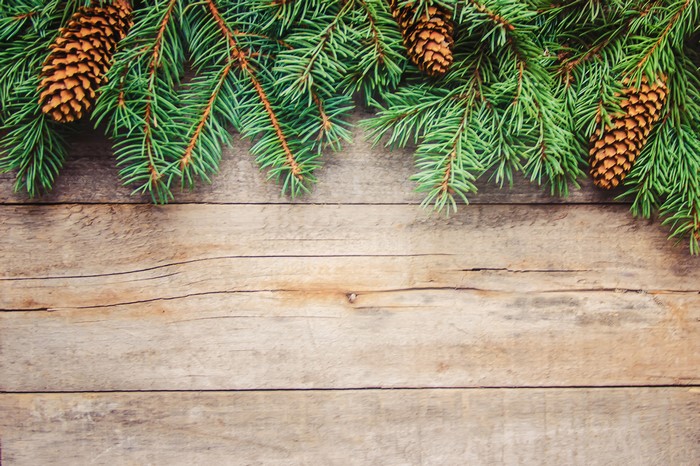 Christmas pine cones and branches on wood