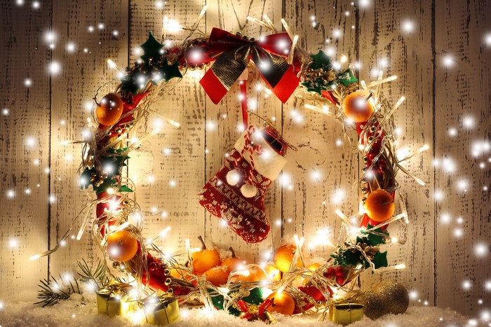 Christmas wreath with fairy lights and ornaments