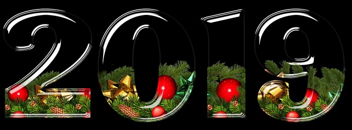 2019 Christmas decorations with pine branches and ornaments