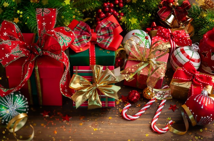 Christmas Gifts with Bows and Ornaments
