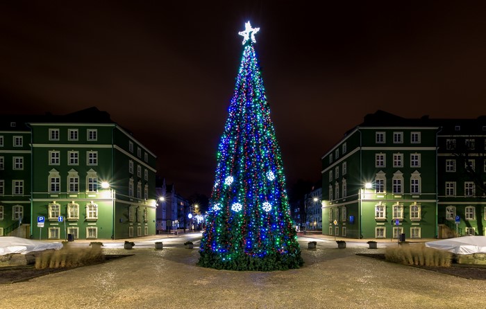 Christmas tree with star decoration in Szczecin, Poland at night