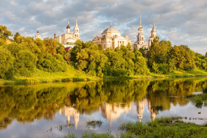 Churches on the Tvertsa River in Torzhok, Tver Region, Russia
