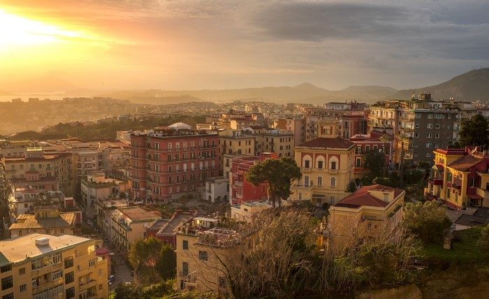 Naples cityscape at sunset with colorful buildings