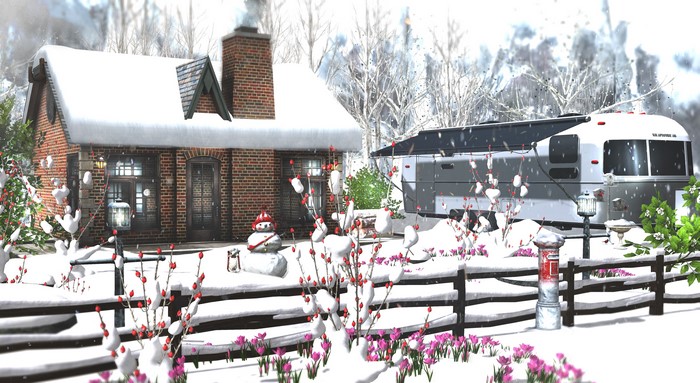 Winter scene with a brick house and RV