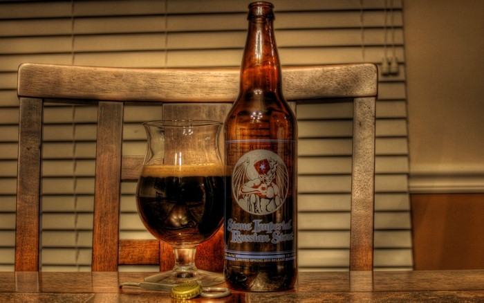 Stone Imperial Russian Stout Beer Bottle and Glass