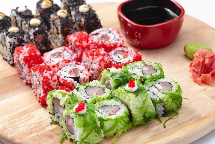 Sushi platter with soy sauce and ginger