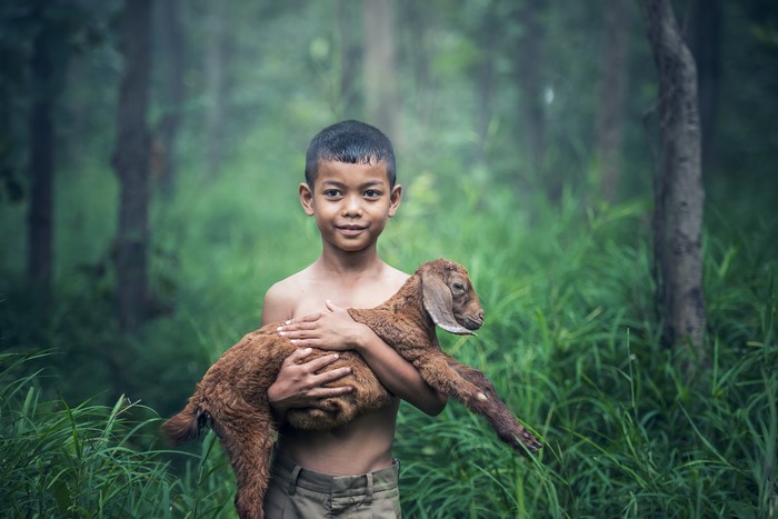Boy holding a goat in a forest