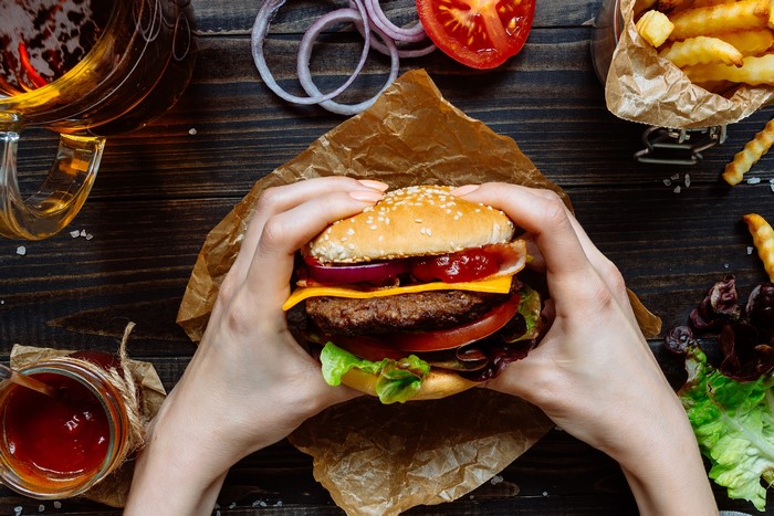 Hamburger with fries and beer