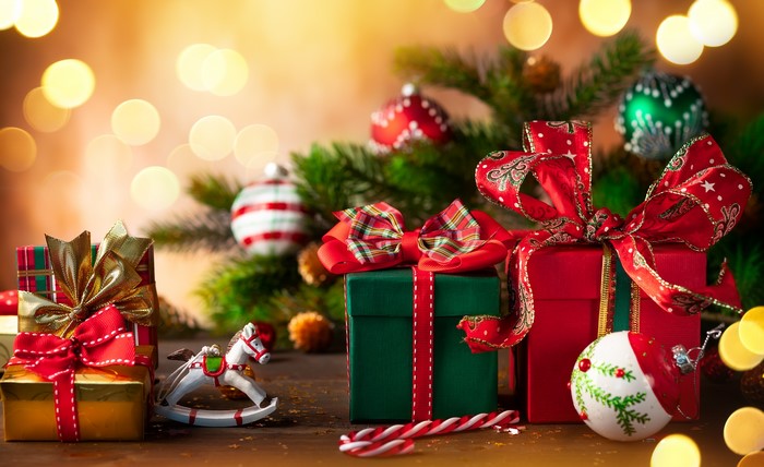 Christmas Gifts and Ornaments with Bokeh Lights