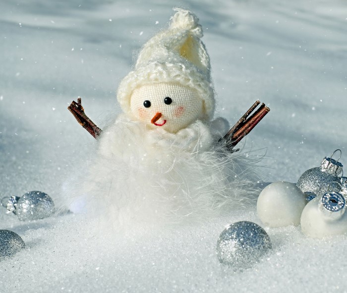 Snowman with Christmas ornaments in the snow