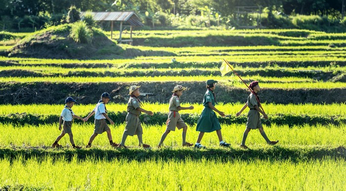 Scouts walking through rice terraces
