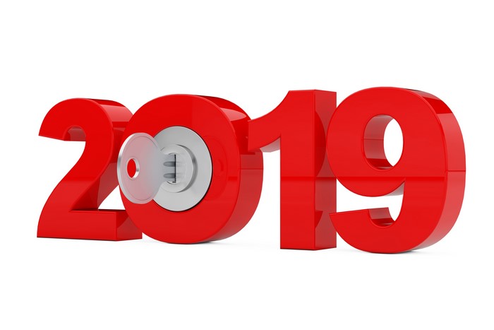 3D red numbers 2019 with a key in the zero