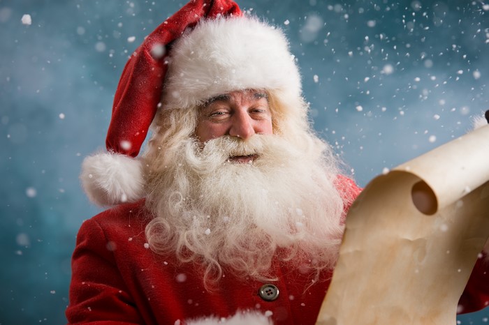 Santa Claus with a list in the snow