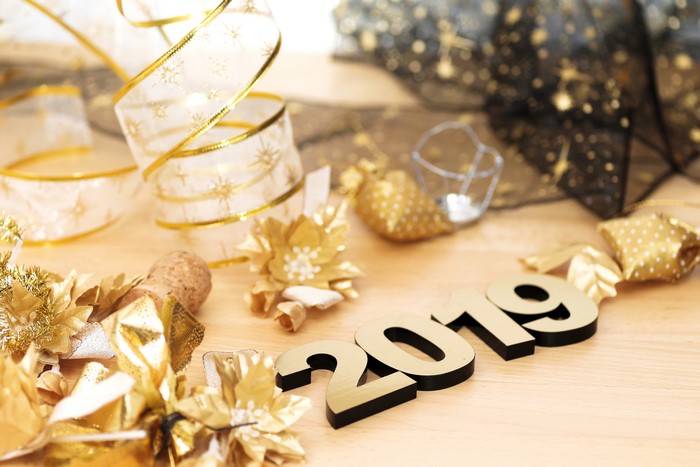 New Year 2019 decorations with gold ribbon