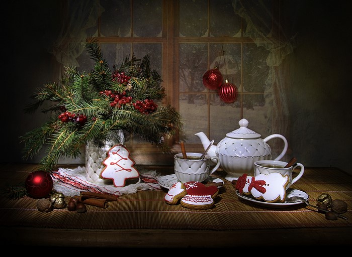 Christmas still-life with tea set and cookies