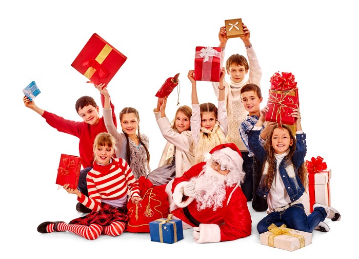 Children and Santa Claus with Christmas gifts