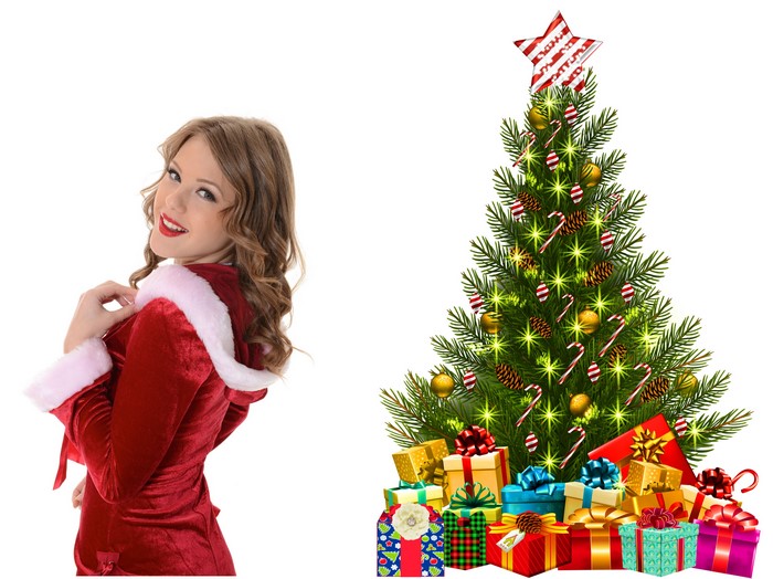 Woman in Santa Costume and Christmas Tree with Gifts