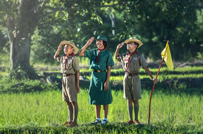 Three scouts in uniform saluting in a field