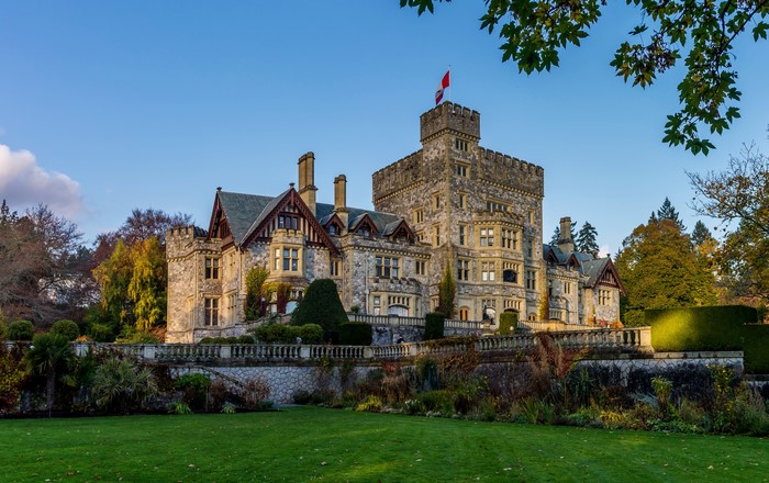 Hatley Castle in Victoria, Canada with a red flag