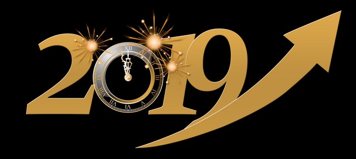 2019 New Year's Eve Clock with Sparklers and Upward Arrow