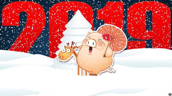 2019 New Year Pig and Reindeer Snow