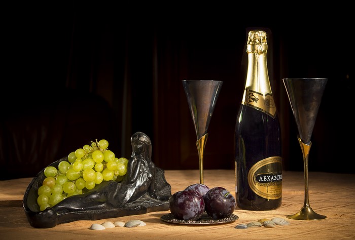 Still-life with Grapes, Plums, and Champagne