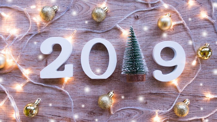 2019 Christmas decorations with fairy lights and ornaments