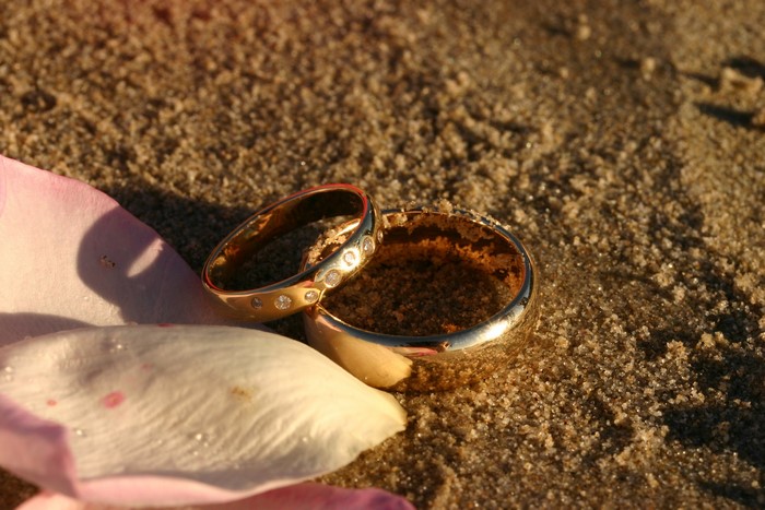 Two gold rings on sand with a rose petal