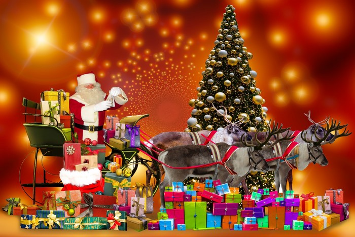Santa Claus with Sleigh, Reindeer, Gifts, and Christmas Tree