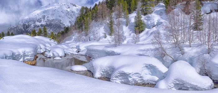Snowy stream in the French Alps with mountains and trees
