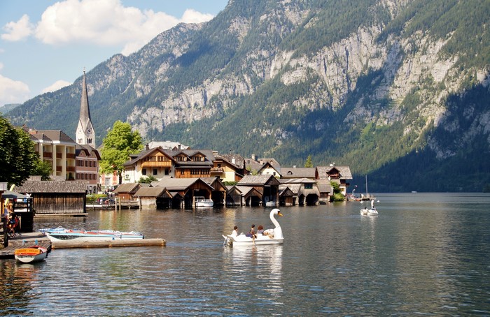 Hallstatt Austria Lake with Mountains and Boats