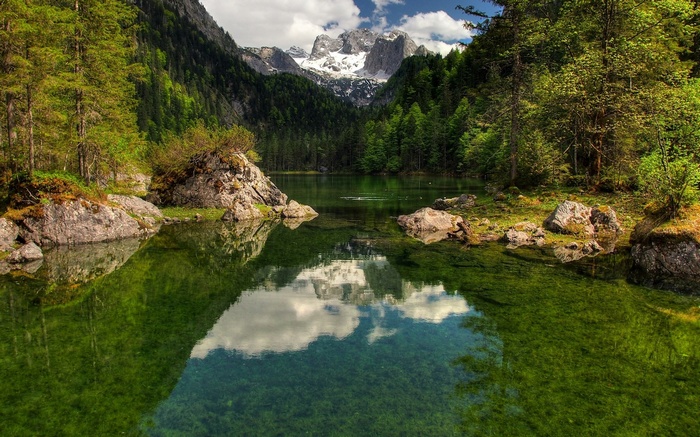 Mountain lake with forest and snow-capped peaks