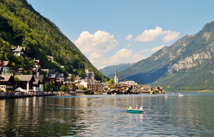 Hallstatt village on a lake in the Alps, Austria